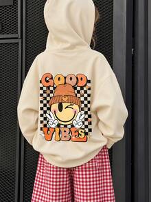 Tween Girl Hooded Sweatshirt, Good Vibes Checkerboard Wink Peace Hand Back Print, Casual Long Sleeve Hoodie For Girls Spring Fall School Wear. - Apricot - View 10