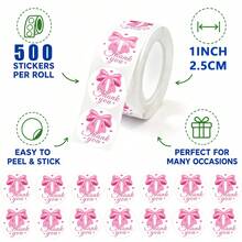 500pcs/Roll 1 Inch Pink Bow Thank You Seal Stickers, Commercial Decorative Self-Adhesive Labels For Baking Gift Packaging, Suitable For Small Business, Minimalist Elegant Sealing Stickers For Envelopes, Party Gifts, Decorative Stickers - one-size - View 2