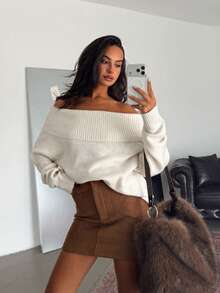 Fall Winter Off Shoulder Foldover Collar Long Sleeve Rib Knit Sweater Soft Slouchy Cream White Pullover Top For Daily Casual Going Out Elegant Chic - White - View 5
