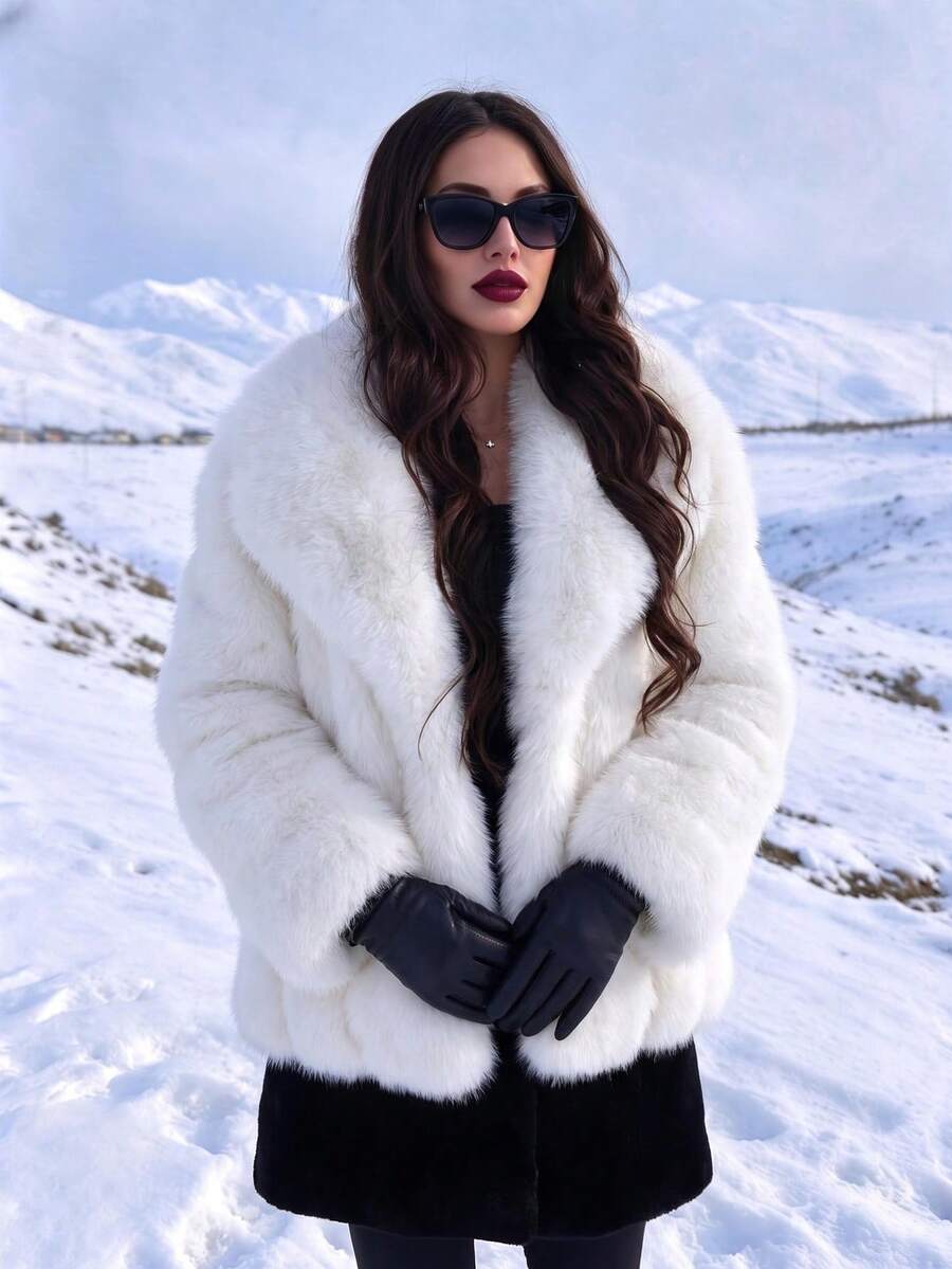 Women's Winter Solid Color Faux Fur Coat, Large Lapel Open Front Loose Thickened Plush Jacket - White - View 1