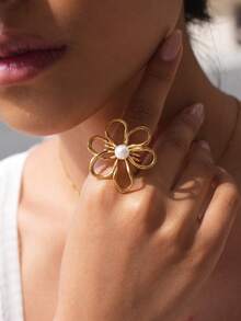 1pc 18K Gold Plated Flower Open Stainless Steel Ring, Paired With Pearl Gold Personalized Ring, Suitable For Women, Bohemian Style Jewelry, Suitable For Daily Wear And Party Occasions - Multicolor - View 1