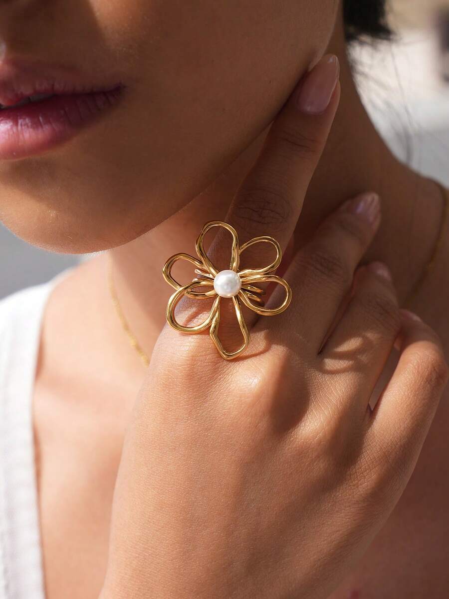 1pc 18K Gold Plated Flower Open Stainless Steel Ring, Paired With Pearl Gold Personalized Ring, Suitable For Women, Bohemian Style Jewelry, Suitable For Daily Wear And Party Occasions - Multicolor - View 1