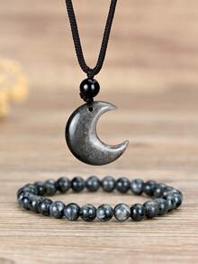 2pcs Silver Moon Pendant Set Halloween Party Accessories Vintage Natural Stone Jewelry - Multicolor - View 2