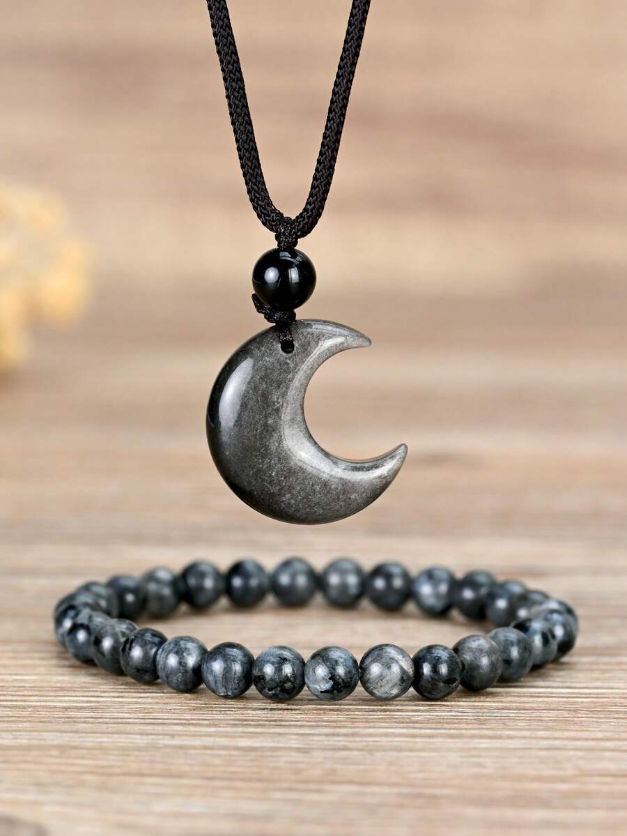 2pcs Silver Moon Pendant Set Halloween Party Accessories Vintage Natural Stone Jewelry