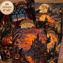 1 Sheet 6*6 Inch Flat Decorative Paper, Non-Repeating Halloween Gothic Castle Oil Painting Material Paper, Full Moon, Crow, Pumpkin, Bat, Red Rose Skull Vintage Textured Pattern, Scrapbooking Collage, Halloween Card Making, Photo Album DIY, Gift Box Lining Handmade Background Paper - Square - View 11