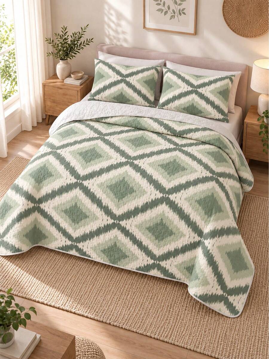 3pcs Sage Green & Cream Pattern Quilted Bedding Set (1 Bedspread, 2 Pillowcases, Pillow Inserts Not Included) Breathable Comfortable All-Season Holiday Gift Suitable For Hotel, Guest House, Bedroom, Ultra Soft Breathable Sweat-Absorbent Bedding - Multicolor - View 1