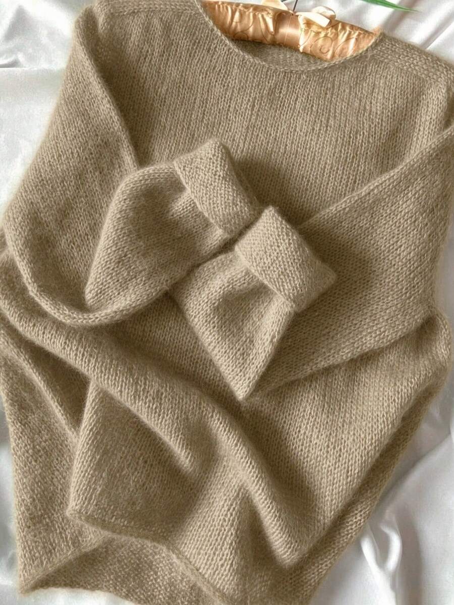 Women's Round Neck Solid Color Soft Mohair Dropped Shoulder Long Sleeve Knit Sweater Loose Silhouette Autumn Winter Pullover Top Fall - Khaki - View 1