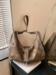 Vintage Distressed Wasteland Style Rivet Commuter Fashion Shoulder Crossbody Tote - Brown - View 7