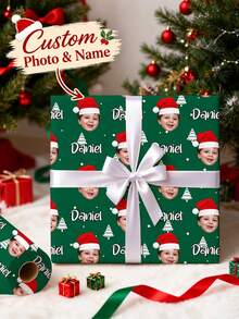 Personalized Photo Wrapping Paper, Fun Customized Portrait Photo Gift Wrapping Paper, Wedding Accessories, Couple Anniversary Gift Wrapping, Christmas Wrapping Paper With Name And Photo: Personalized Santa Hat Gift Wrapping Paper Suitable For Home - Multicolor - View 3