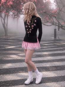 New Chinese Floral Embroidery Long Sleeve Tee, Black Stand Collar Pink Stitch Split Hem Slim Fall Daily Top - Black - View 1