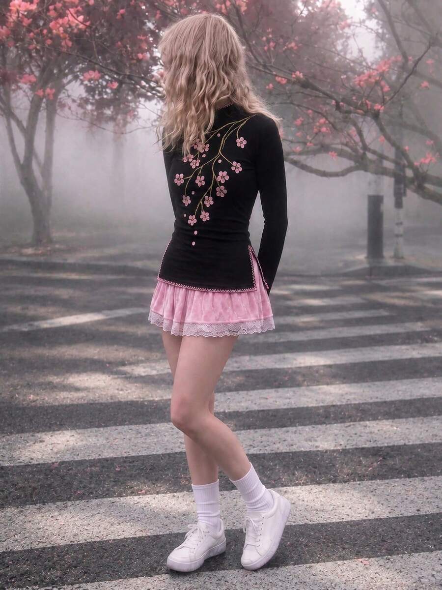 New Chinese Floral Embroidery Long Sleeve Tee, Black Stand Collar Pink Stitch Split Hem Slim Fall Daily Top - Black - View 1
