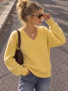 Women's Yellow Ribbed Knit Sweater, V Neck Long Sleeve Pullover, Soft Casual Fall Winter Minimalist Jumper, Cozy Going Out Back To School Outfit - Yellow - View 3