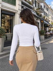 Women's Long Sleeve Knitted Round Neck T-Shirt With Button Decor, American Style Autumn Regular Fit Top - White - View 9