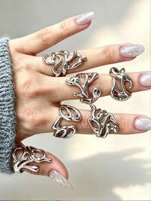 6pcs Vintage Punk Asymmetrical Water Drop Shaped Ring Set, Stackable And Mixable, Suitable For Women's Date, Party, Gathering - Silver - View 1