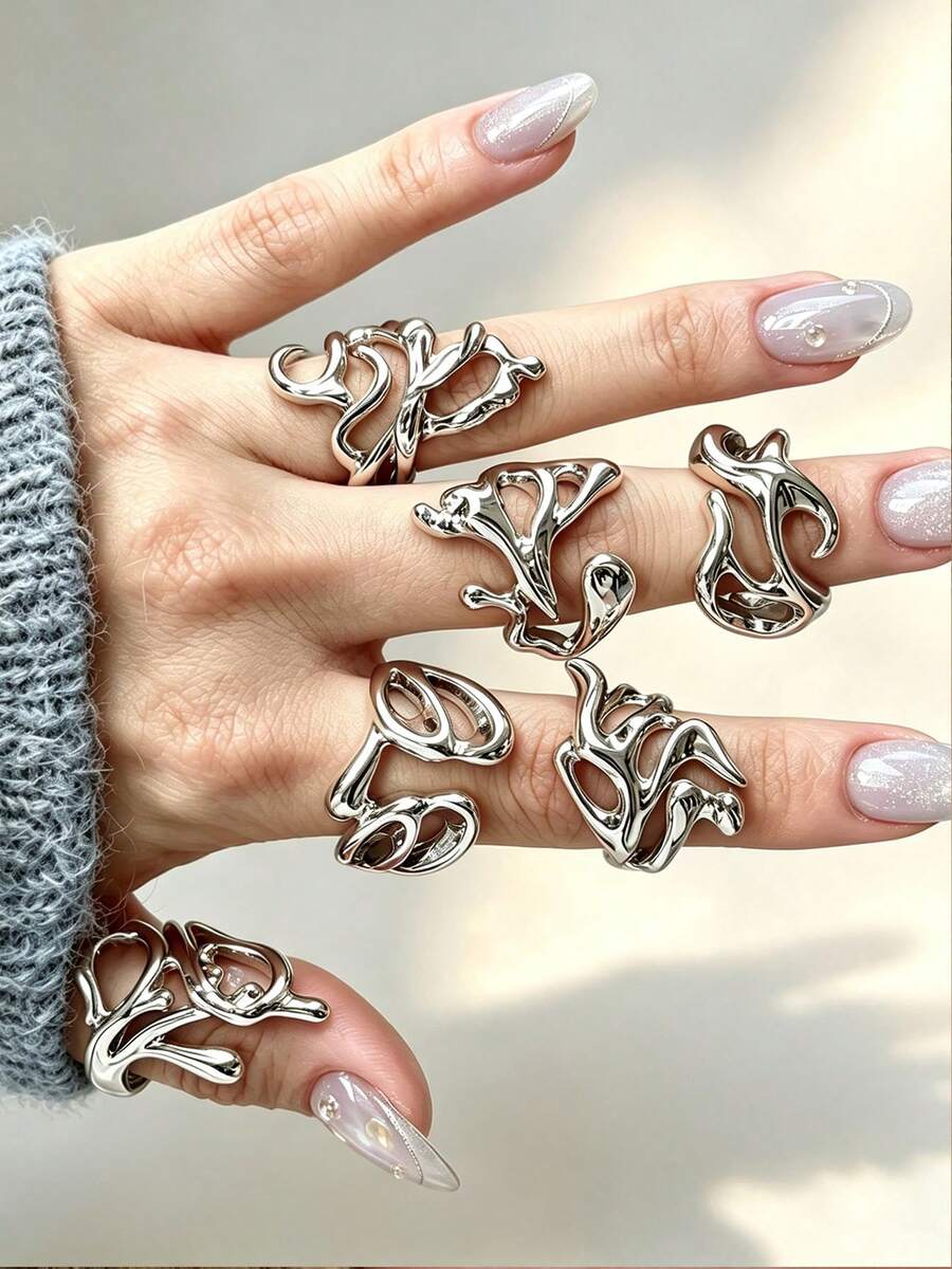 6pcs Vintage Punk Asymmetrical Water Drop Shaped Ring Set, Stackable And Mixable, Suitable For Women's Date, Party, Gathering - Silver - View 1
