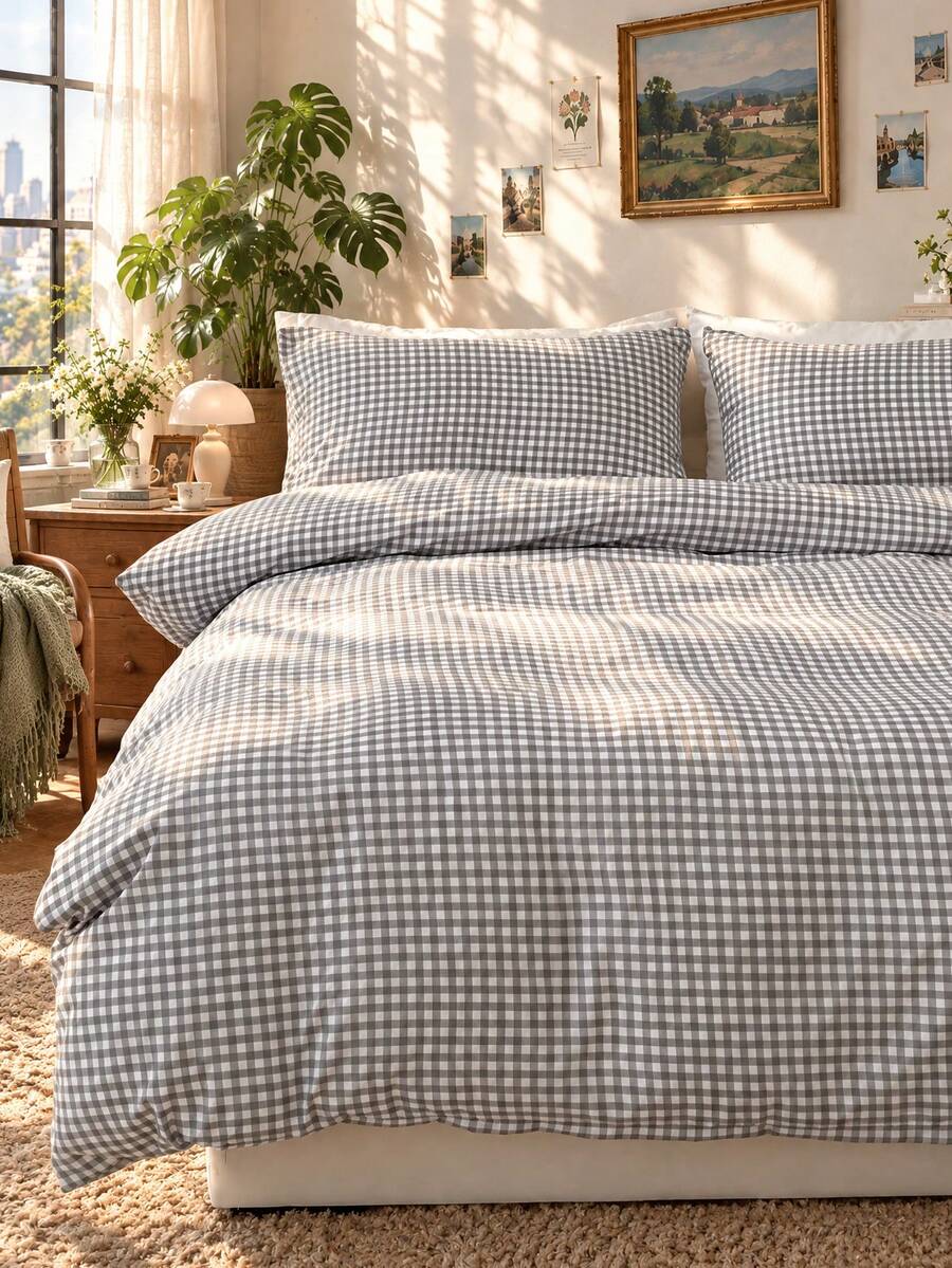 3pcs Plaid Polyester Bedding Set (Duvet Cover Set Only, No Filler)