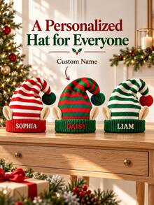 1pc Personalized Knitted Elf Christmas Hat With Custom Name, Red Green Striped Beanie With Ears And Pom Pom, Xmas Holiday Party Costume Accessory - Multicolor - View 6