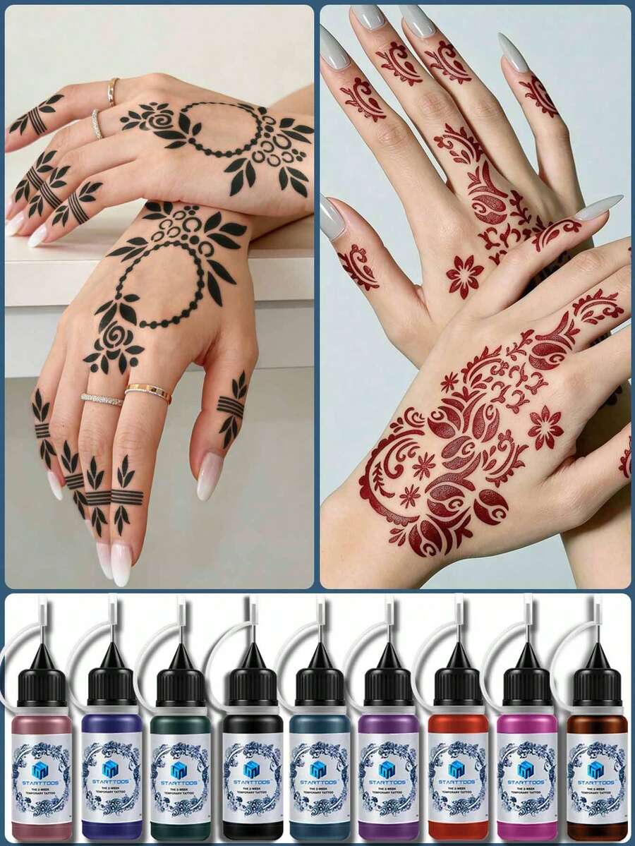 Multi-Color Hand-Painted Tattoo Ink With Tattoo Stencils, Semi-Permanent Waterproof Realistic Tattoo Ink For Men And Women, DIY Party Holiday Gift - Multicolor - View 1