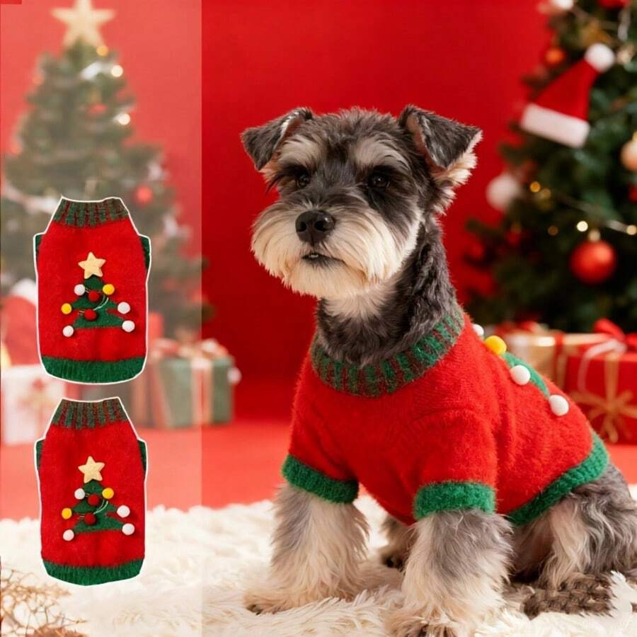 6pcs Christmas Tree Jacquard Knit Sweater, Festive Style Red & Green Contrast Color With Pom Pom & Star, Warm Autumn/Winter Outfit For Small & Medium Dogs And Cats - Multicolor - View 1