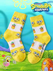 SpongeBob SquarePants 3/1 زوج جوارب SquarePants للرجال، جوارب متوسطة الساق بنقشة أناناس أصفر، مرحة، خريف/شتاء - متعدد الألوان - مشاهدة 8