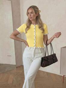 Women's Casual Elegant Ruffled Knit Cardigan Top, Round Neck, Fashion Short Sleeve Single Button Design, Everyday Casual Wear, Spring/Summer - Yellow - View 2