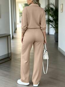 Women's New Fashion 2 Pieces Casual Set, Solid Color Long Sleeve Top With Heart Print Brand Long Pants, Spring/Autumn Outfit - Light Coffee - View 5