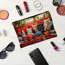 Cute Cat Print Women's Thick Rope Beach Bag, Large Capacity Zippered Canvas Tote For Travel And Storage, Zipper Design, Can Hold Cosmetics, Pencils Or Snacks - Perfect Gift For Sisters, Students And Adults, Multi-Functional Small Bag | Starry Sky Art - Multicolor - View 6
