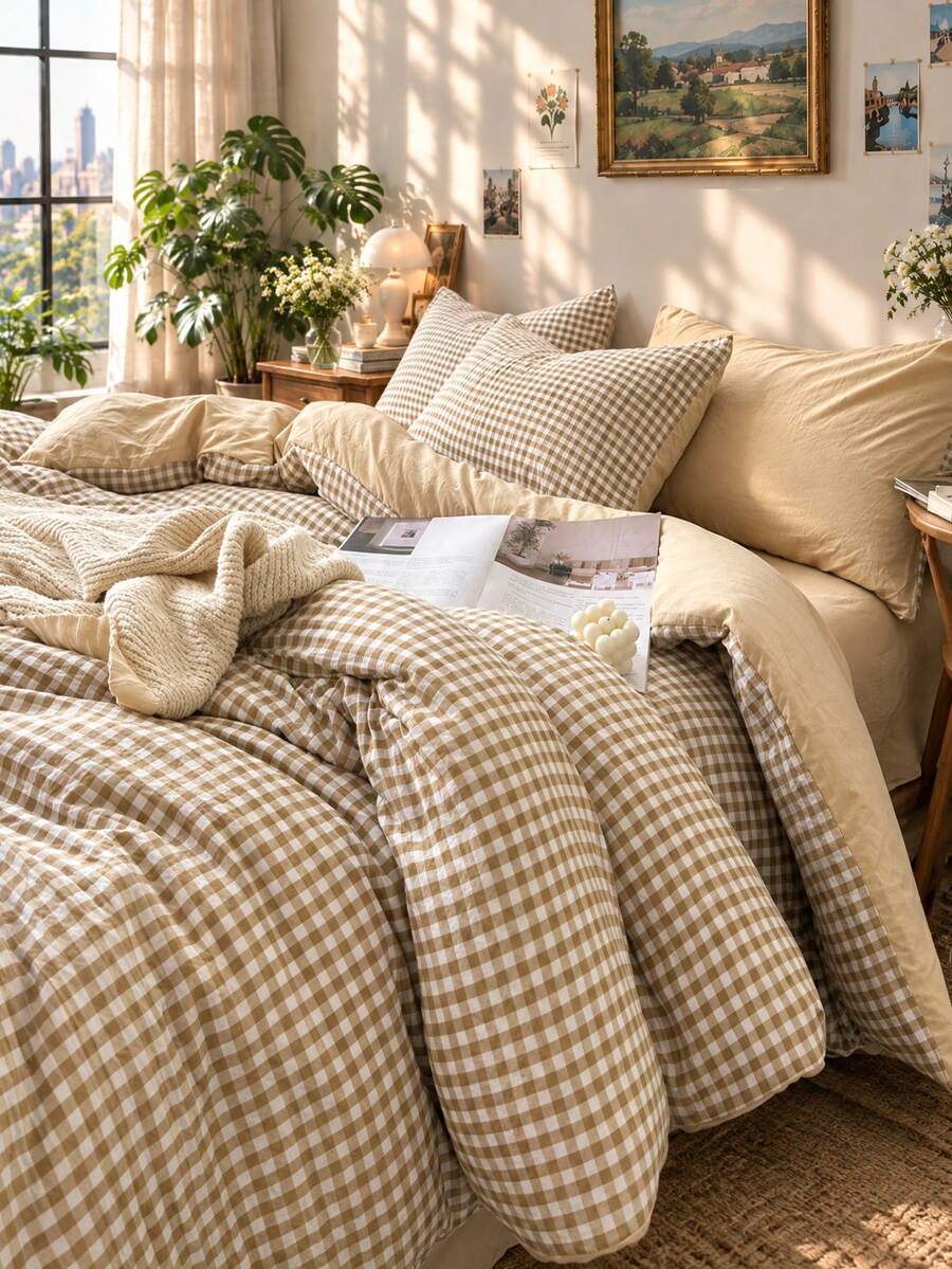 3pcs Bedding Set (1 Duvet Cover + 2 Pillowcases, Comforter Not Included), Minimalist Plaid Print Bedding Set, Soft & Comfortable Duvet Cover, Suitable For Bedroom, Guest Room