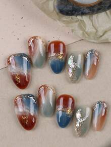 10pcs Press On Nails Nails Fall Autumn Fall Nails Brown Blue Halation Golden Line Short Nails Fake Nails Artificial Nails Kit Includes 1sheet Adhesive Tabs &1 Pc Mini File - Multicolor - View 1