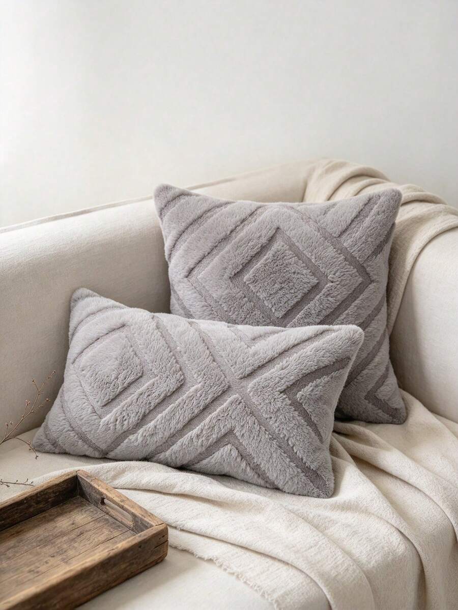1pc Grey Faux Rabbit Fur Pillow Case, Embossed Geometric Rhombus Stripe Soft Skin-Friendly Cushion Cover, Solid Color Minimalist Decorative Pillowcase, Suitable For Sofa, Bedroom, Living Room, Minimalist Retro Home Decor, Warm And Cozy Pillow Cover, Pillow Insert Not Included