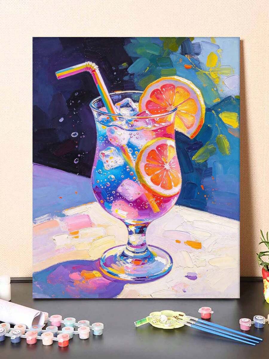Adult & Beginner Digital Oil Painting Kit, Refreshing Drinks, Easy Acrylic Painting Supplies (Includes Brushes & Paints), Suitable For Home Decor, Ideal Gift For Holiday.