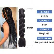 Pre-Stretched Large Braiding Hair 24 Inch Kanekalon Synthetic Fiber Hair Extensions 100g/Pack, Tangle-Free Braiding Hair For African Box Braids And Twist Braids - Black - View 3