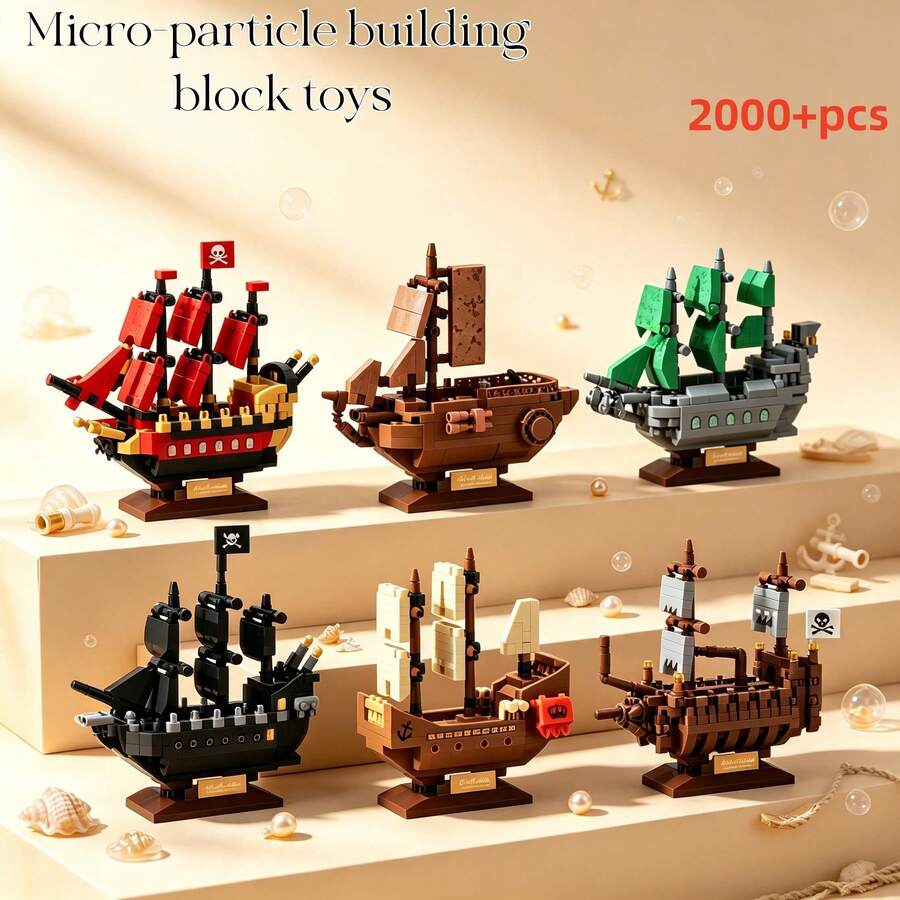 6pcs Simulation Pirate Ship Micro Particle Building Block Toy Set, ABS Resin Building Block Model, Adult Stress Relief Assembly Toy, Creative DIY Assembly Decoration. Home Atmosphere Decoration, Suitable For Building Block Hobbyists, Collectible Decoration. Christmas Halloween Gift Decoration, Memorial Party Gift, Birthday Gift, Christmas Gift - Multicolor - View 1