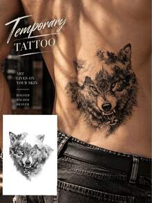 Wild Animals Series Temporary Waterproof Tattoos: Sketched Designs Of Lions, Wolves, Leopards, And Eagles For Unique Body Art On Arms, Thighs, Collarbones, And Chest; Unisex; Lasts 2–5 Days; Perfect For Festivals, Parties - Black - View 11