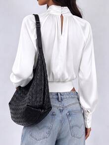 White Satin Ruched Stand Collar Bodysuit Top For Women, Gathered Stand Collar Lantern Long Sleeve Satin Blouse Bodysuit - White - View 2