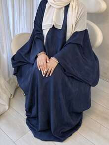 Elegant Women's Long Abaya Dress With Long Bell Sleeves And Exquisite Jacquard Pattern, Suitable For Formal Occasions And Evening Wear - Navy Blue - View 2
