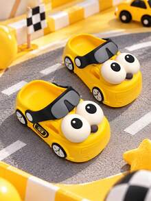 Cute 3D Big Eye Cartoon Car Kids Clogs, Soft Comfortable EVA Adjustable Heel Strap, Non-Slip Soft Sole Slip-On Sandals For Boys And Girls, Indoor And Outdoor Wear - Yellow - View 3