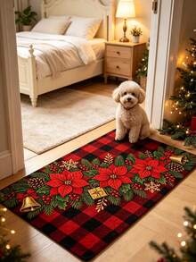 1pc Christmas Red & Black Plaid Poinsettia Plush Rug, Christmas Gift Decoration Carpet, Bedroom Decor, Small Rug, Carpet, Home Decor, Living Room Rug, Living Room Small Rug, Bedroom Carpet, Living Room Home Decor, Outdoor Rug, Washable Carpet - Multicolor - View 4