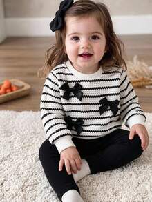 2pcs Baby Girl Sweet Cool Style Contrast Color Horizontal Stripe Bowknot Decor Round Neck Long Sleeve Sweatshirt Top & Casual Leggings Set, Spring/Autumn - Black and White - View 1