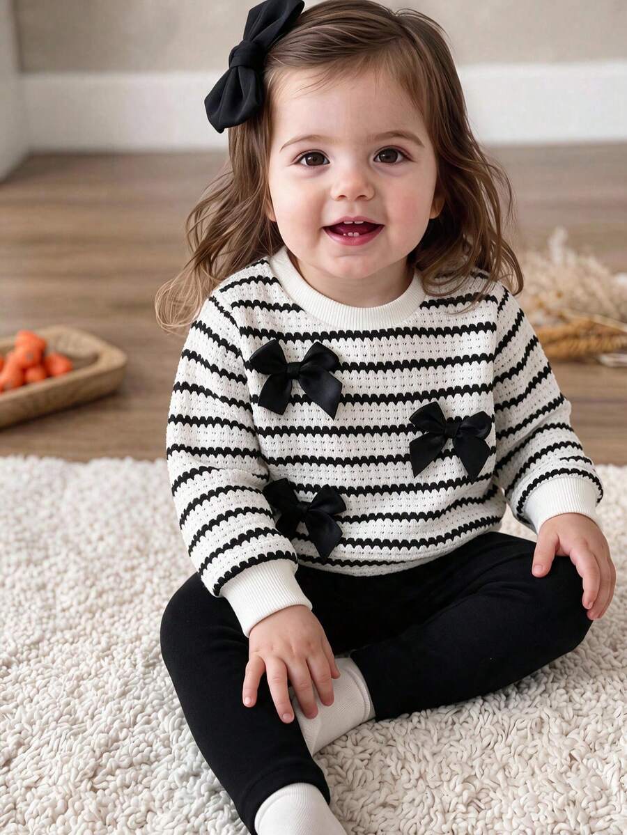 2pcs Baby Girl Sweet Cool Style Contrast Color Horizontal Stripe Bowknot Decor Round Neck Long Sleeve Sweatshirt Top & Casual Leggings Set, Spring/Autumn - Black and White - View 1