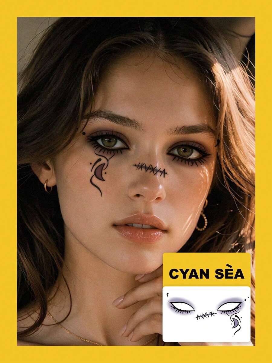 1pc Temporary Tattoo Sticker Music Festival Stitch Scar & Moon Eye Face Pattern, Realistic Tattoo Design, Suitable For Daily Wear, Bachelorette Party Favors, Music Festivals, Games, Graduation Gifts, Lasts 3-5 Days