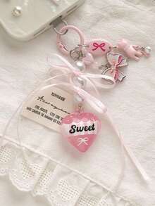 1pc Ins Style Sweet Heart Pendant Pink Cat Bow Ribbon Pearl Accessory Keychain Bag Charm - Multicolor - View 3