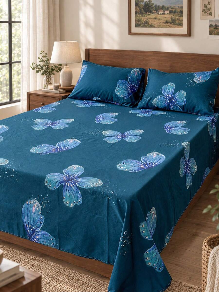 1pc Bed Sheet - 100% Lightweight Polyester Fabric, Butterfly Print Bed Cover, Breathable Bedding, Cute Bedroom Decor Bed Cover