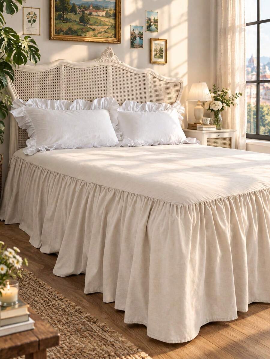 1pc Bed Skirt, Bedding, Soft & Breathable Bed Sheet With Ruffled Hem And Elastic Band, Comfortable Sleep, Lightweight & Elegant, Cloud-Like Soft Texture, Fits Twin, Full, Queen, King Size Beds, Machine Washable, Princess Style Room Decor - Light Khaki - View 1