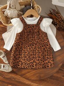 2pcs Set Baju Terusan Bayi Perempuan Lucu Gaya Mori Lengan Panjang Bergaris & Motif Leopard Corduroy, Tipis untuk Musim Semi/Gugur - Khaki - View 1