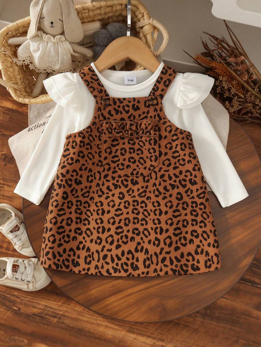 2pcs Set Baju Terusan Bayi Perempuan Lucu Gaya Mori Lengan Panjang Bergaris & Motif Leopard Corduroy, Tipis untuk Musim Semi/Gugur - Khaki - View 1