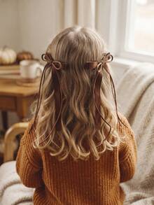 2PCS Christmas Hair Clips For Girls,Brown Velvet Thin Bow With Long Streamer Hair Barrettes For Holiday Party Gift&All Season,Kids Hair Accessories - Multicolor - View 3