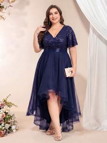 XUCTHHC Plus Size Elegant Party V-Neck Ruffle Sleeve Sequin High-Low Hem Mesh Skirt Formal Ball Gown, Wedding Guest, Cocktail Party, Holiday, Autumn/Winter - Navy Blue - View 1