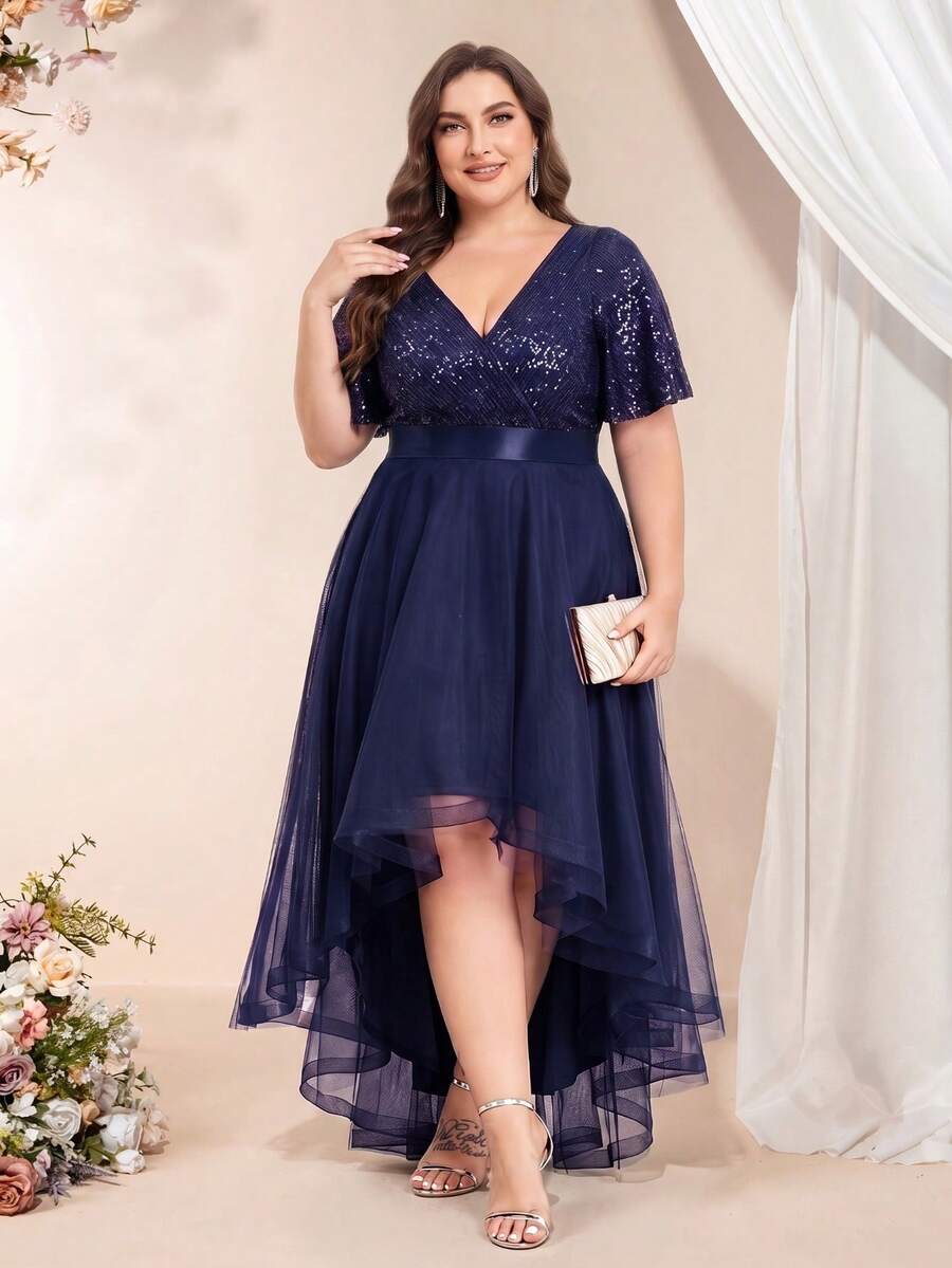 XUCTHHC Plus Size Elegant Party V-Neck Ruffle Sleeve Sequin High-Low Hem Mesh Skirt Formal Ball Gown, Wedding Guest, Cocktail Party, Holiday, Autumn/Winter - Navy Blue - View 1