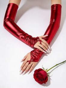 1 Pair Patent Leather Coated Fingerless Evening Gloves Arm Sleeves Shiny Long Sleeve Covers - Pink - View 6